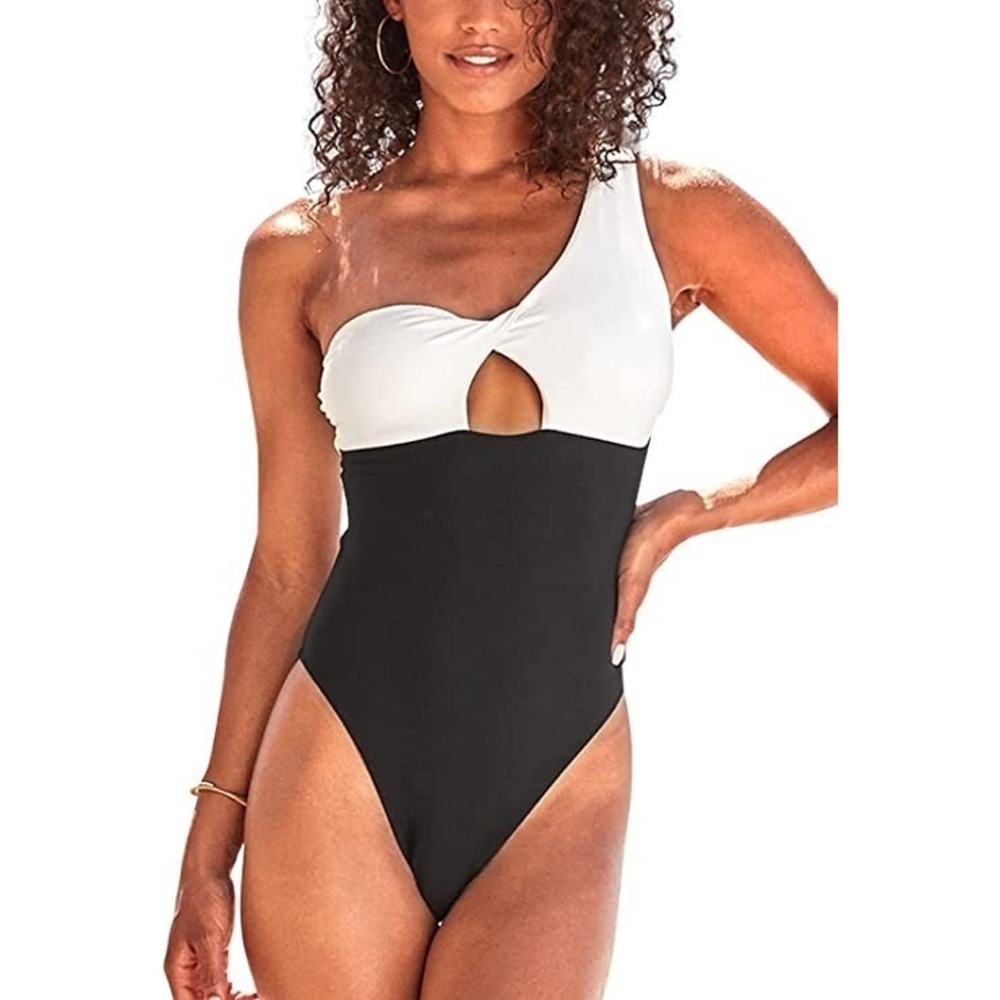 NWT Cupshe Black & White One-Shoulder One Piece Swimsuit, Size M